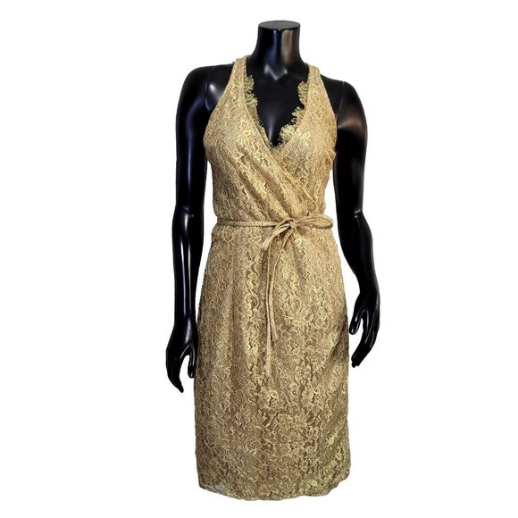 Vintage 90s Chetta B Evening Womens 8 Gold Lace Wrap Sleeveless Cocktail Dress‎ - Picture 1 of 10